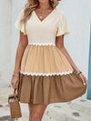 Color Block V-Neck Flutter Sleeve Mini Dress Camel Casual Dresses - Tophatter Daily Deals