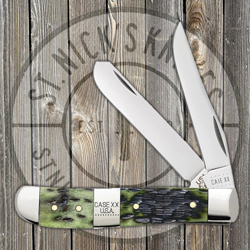 Case Mini Trapper - Jigged Olive Green Bone - Tang Stamp Center Bolster - 21513 Traditional Knives - Tophatter Daily Deals