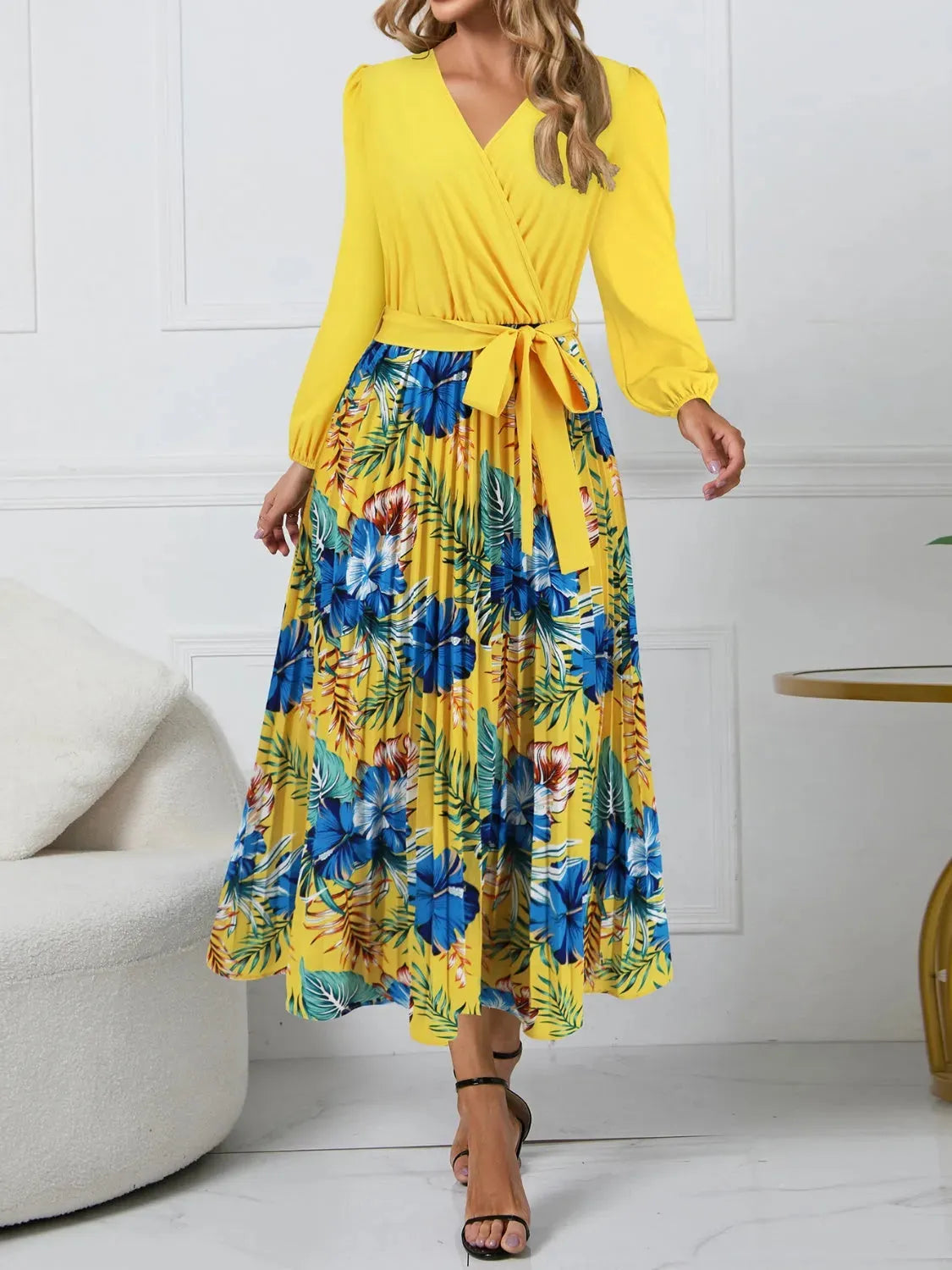Pleated Printed Surplice Long Sleeve Dress Casual Dresses - Tophatter Daily Deals