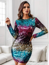 Sequin Round Neck Long Sleeve Mini Dress Multicolor Casual Dresses - Tophatter Daily Deals