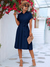 Buttoned Tie Waist Short Sleeve Dress Navy Casual Dresses - Tophatter Daily Deals