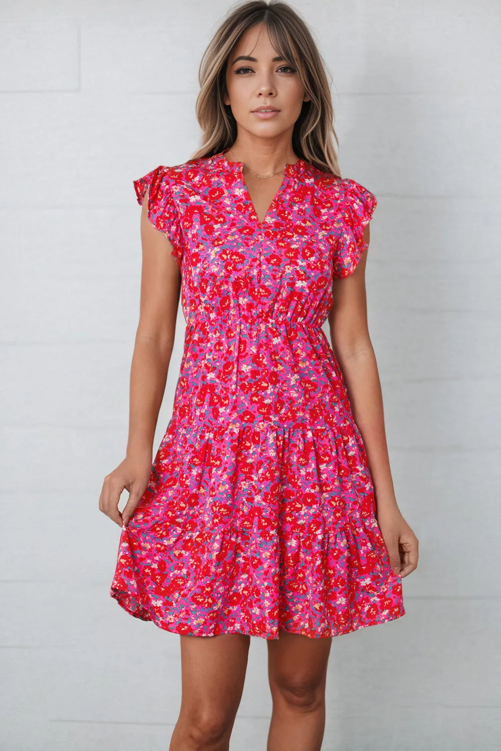 Floral Print Notched Neck Cap Sleeve Mini Dress Casual Dresses - Tophatter Daily Deals