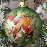 Robin Redbreast Bauble | Green Glass Christmas Tree Hanging Ornament - 8cm Baubles - Tophatter Daily Deals