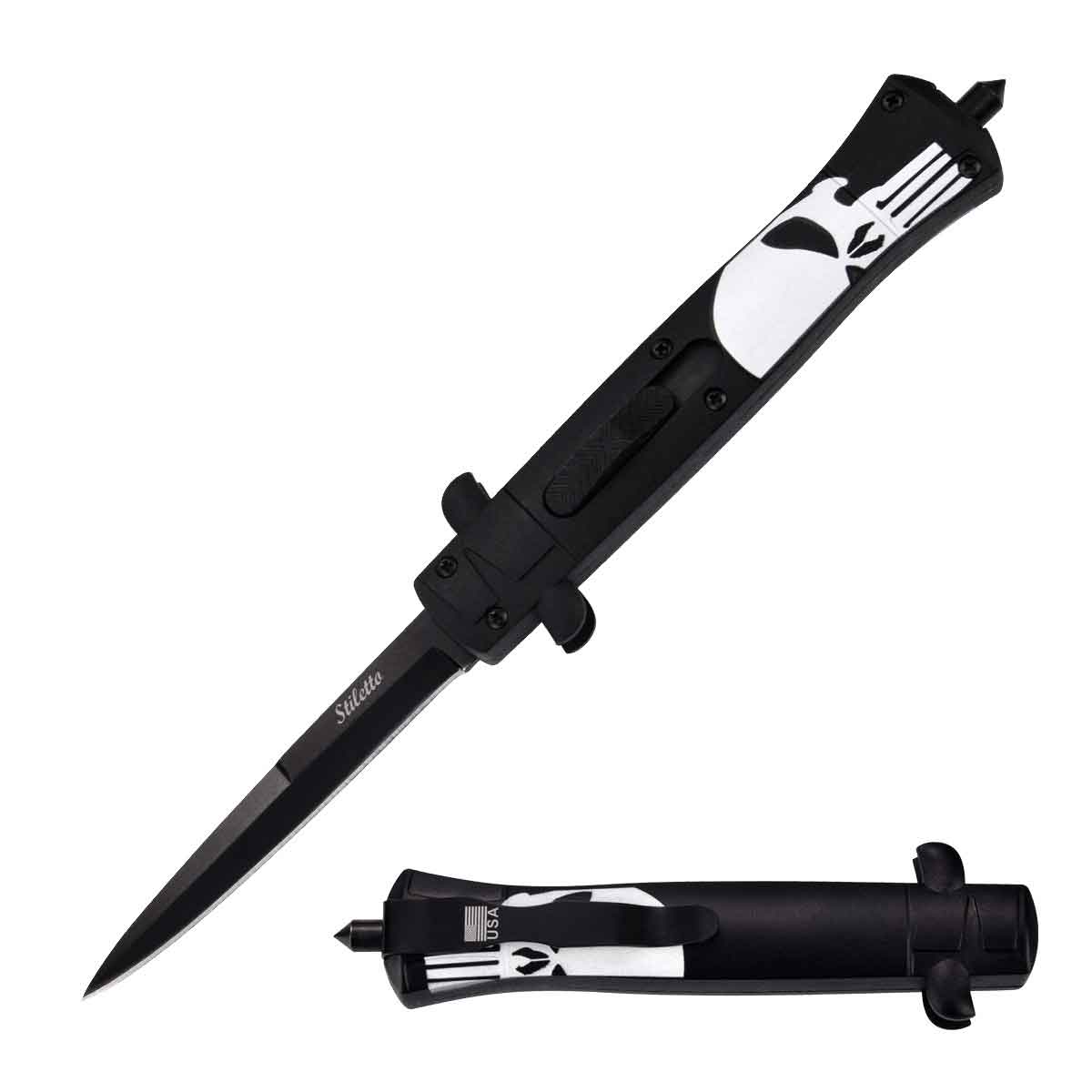 9" Skull Handle Stiletto OTF Punisher Knife - TOPHATTER'S ARMORY DEALS Collectible Weapons - Tophatter Daily Deals