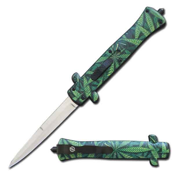 9" Cannabis Marijuana Leaf Handle Stiletto OTF Knife - TOPHATTER'S ARMORY DEALS Collectible Weapons - Tophatter Daily Deals