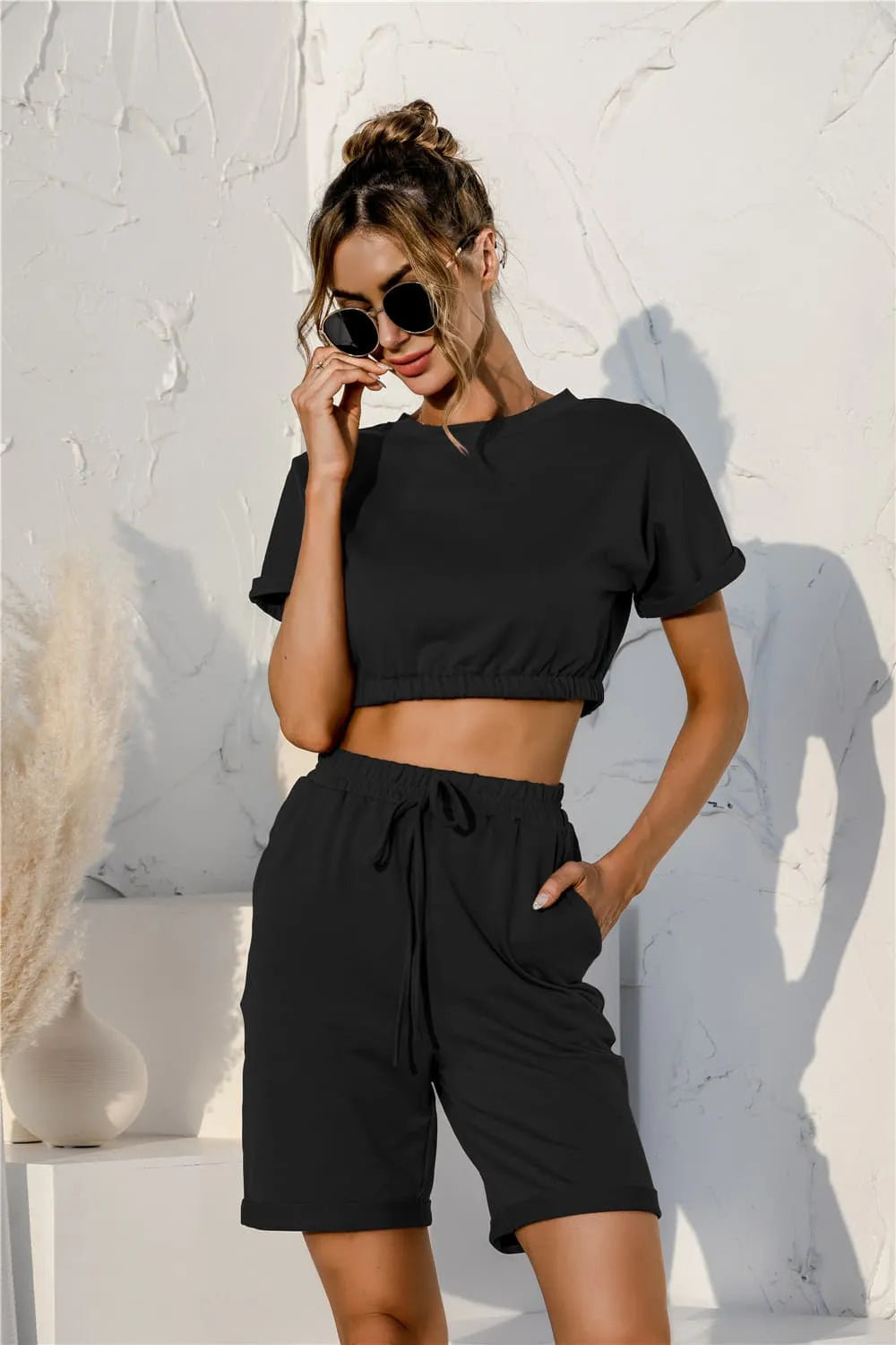 Short Sleeve Cropped Top and Drawstring Shorts Lounge Set Loungewear Sets - Tophatter Daily Deals