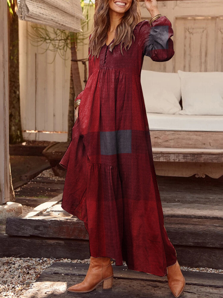 Casual Plaid Notch Neck Long Sleeve Vintage Pocket Women Maxi Dress Maxi Dresses - Tophatter Daily Deals