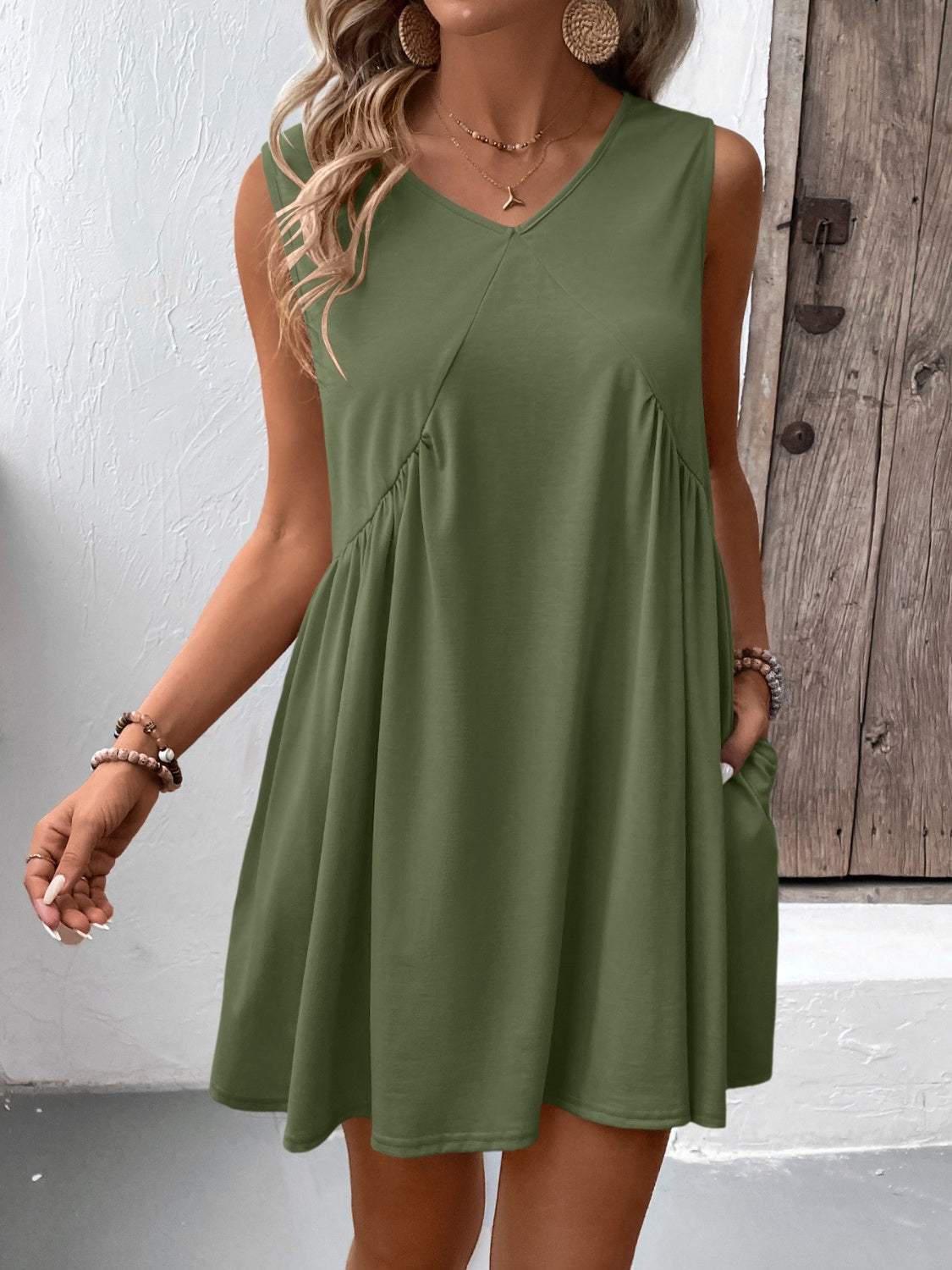 Ruched V-Neck Sleeveless Mini Dress Moss Casual Dresses - Tophatter Daily Deals