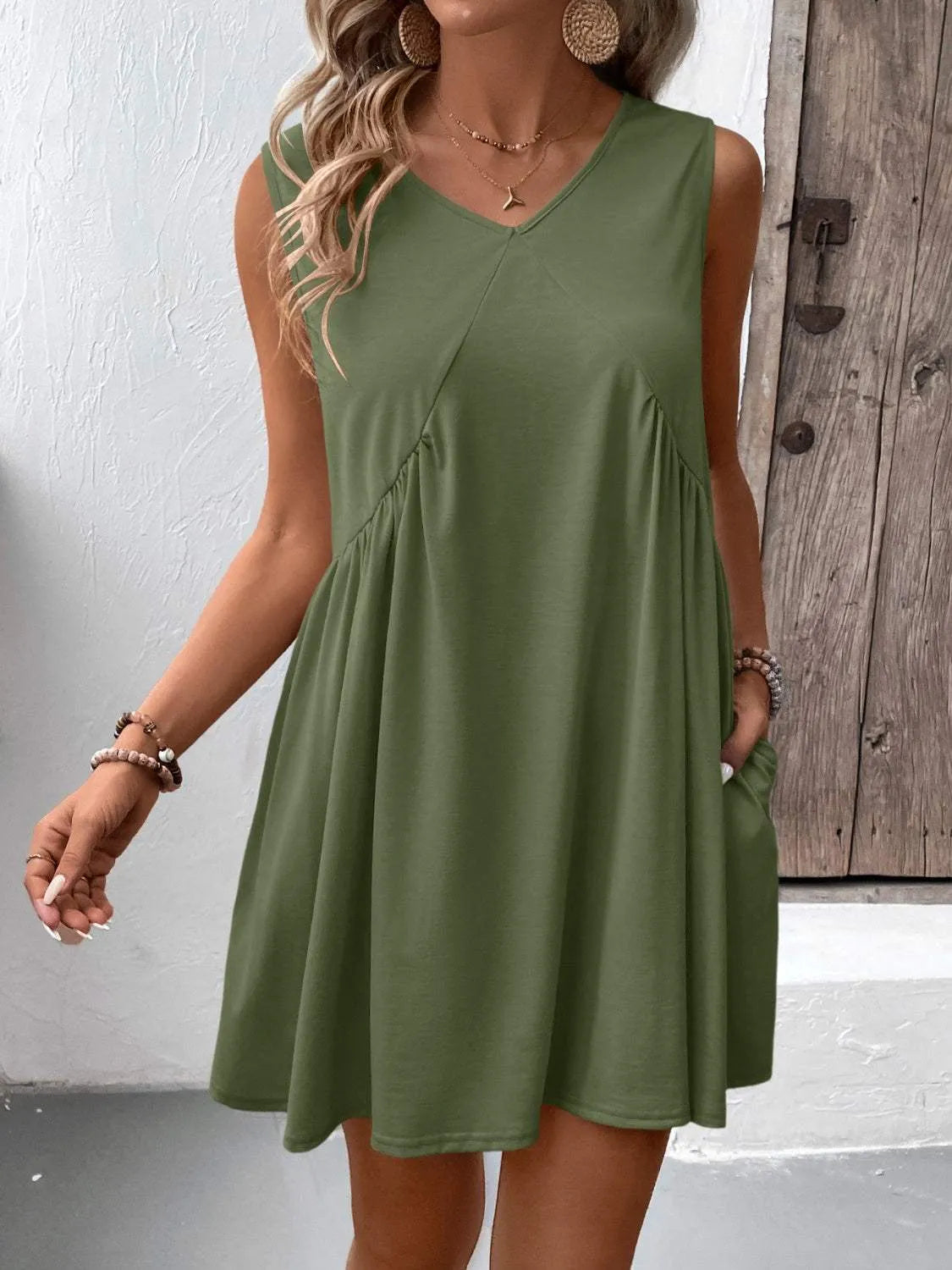 Ruched V-Neck Sleeveless Mini Dress Moss Casual Dresses - Tophatter Daily Deals