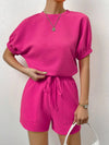 Waffle-Knit Round Neck T-Shirt and Pocketed Shorts Lounge Set Hot Pink Loungewear Sets - Tophatter Daily Deals