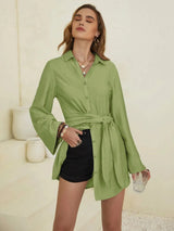 Collared Neck Long Sleeve Mini Shirt Dress Casual Dresses - Tophatter Daily Deals