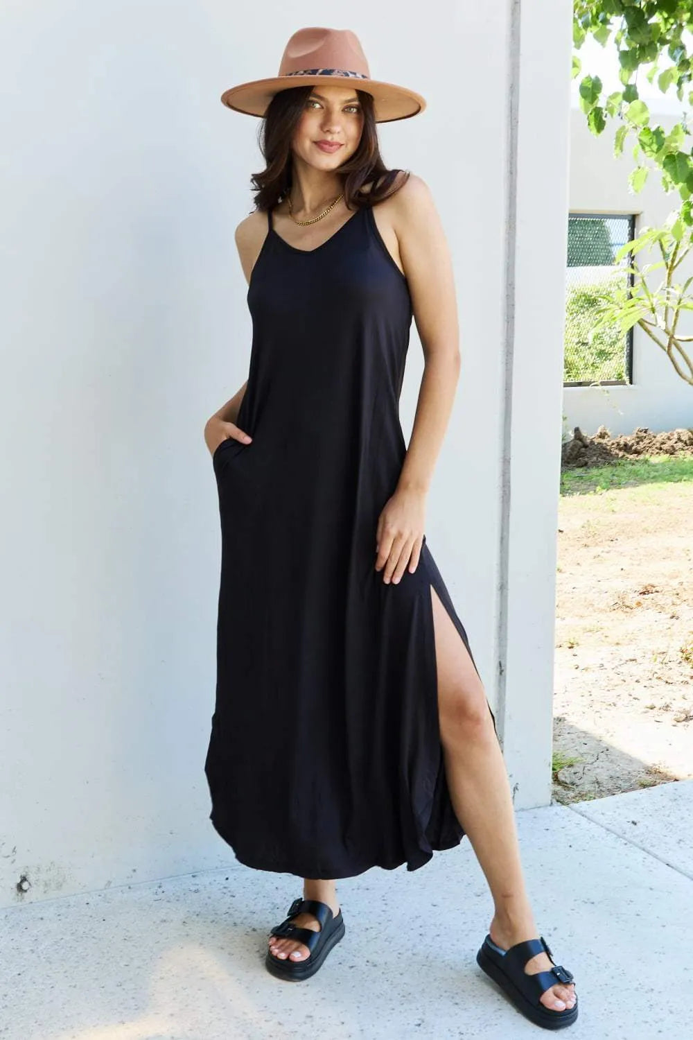 Ninexis Good Energy Full Size Cami Side Slit Maxi Dress in Black Casual Dresses - Tophatter Daily Deals