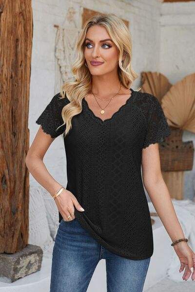 Eyelet V-Neck Lace Short Sleeve T-Shirt Black Women's T-Shirts - Tophatter Daily Deals