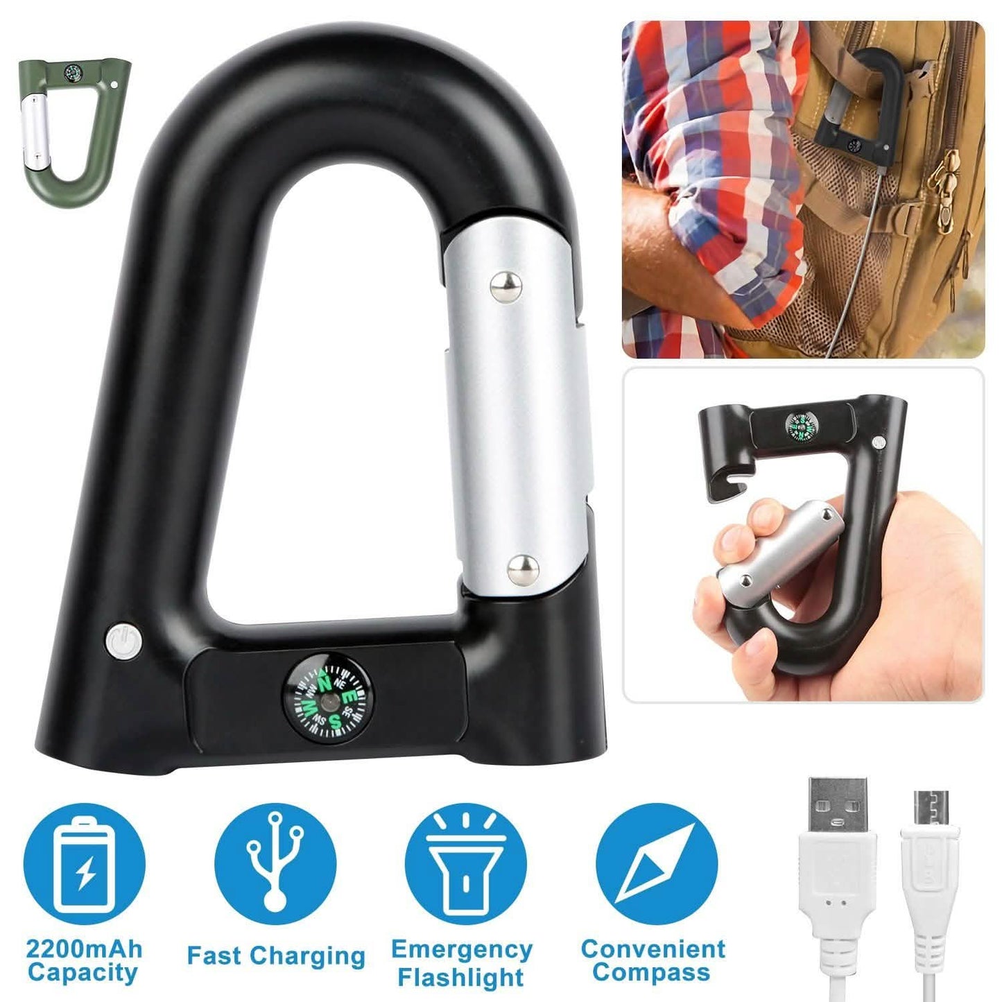 2200 mAh Powerbank with Emergency Flashlight Compass Carabiner-Shaped Outdoor Recreation - Tophatter Daily Deals