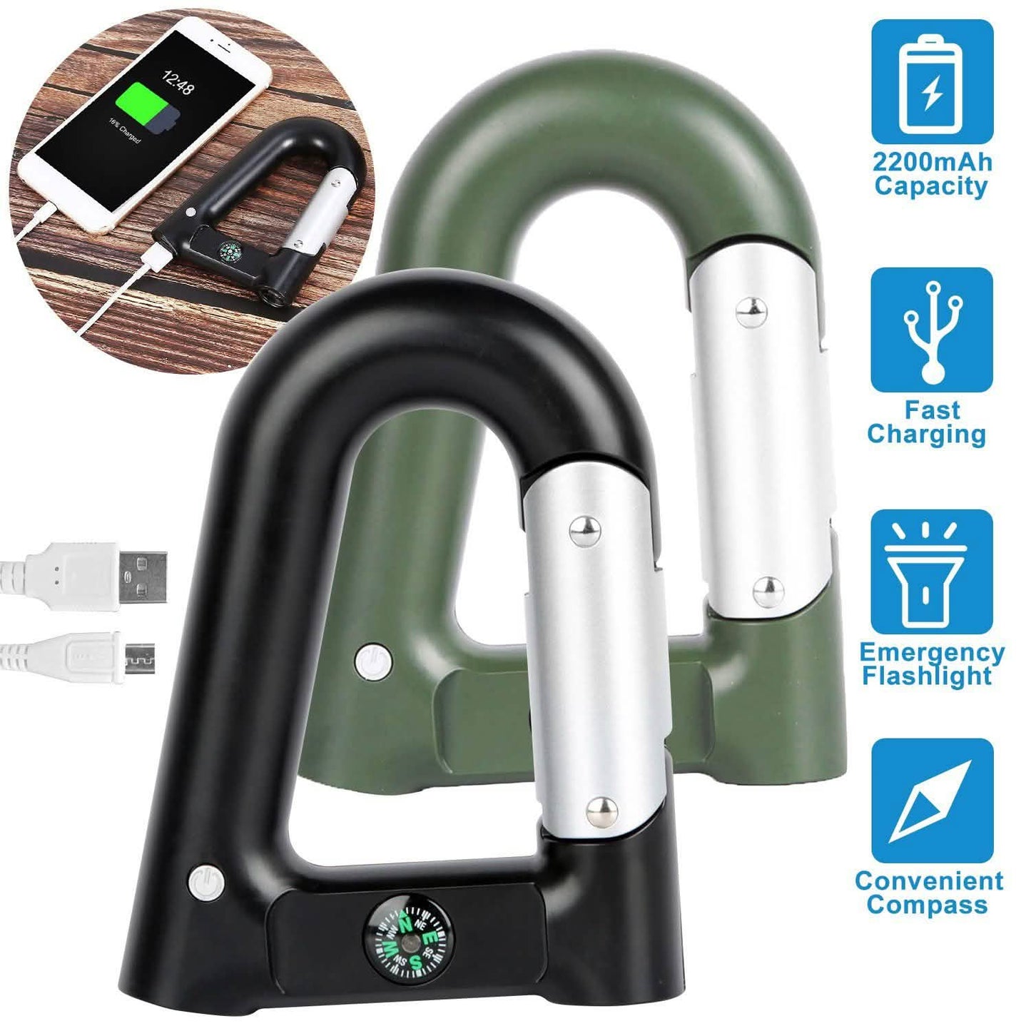 2200 mAh Powerbank with Emergency Flashlight Compass Carabiner-Shaped Outdoor Recreation - Tophatter Daily Deals