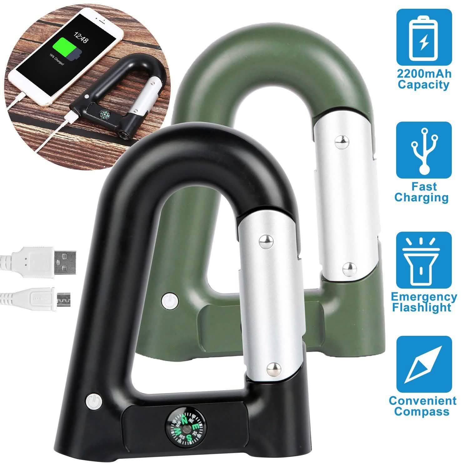 2200 mAh Powerbank with Emergency Flashlight Compass Carabiner-Shaped Outdoor Recreation - Tophatter Daily Deals