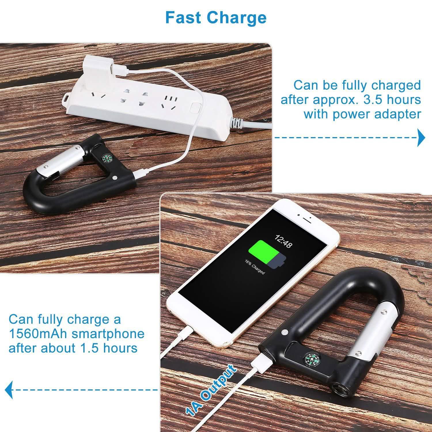 2200 mAh Powerbank with Emergency Flashlight Compass Carabiner-Shaped Outdoor Recreation - Tophatter Daily Deals