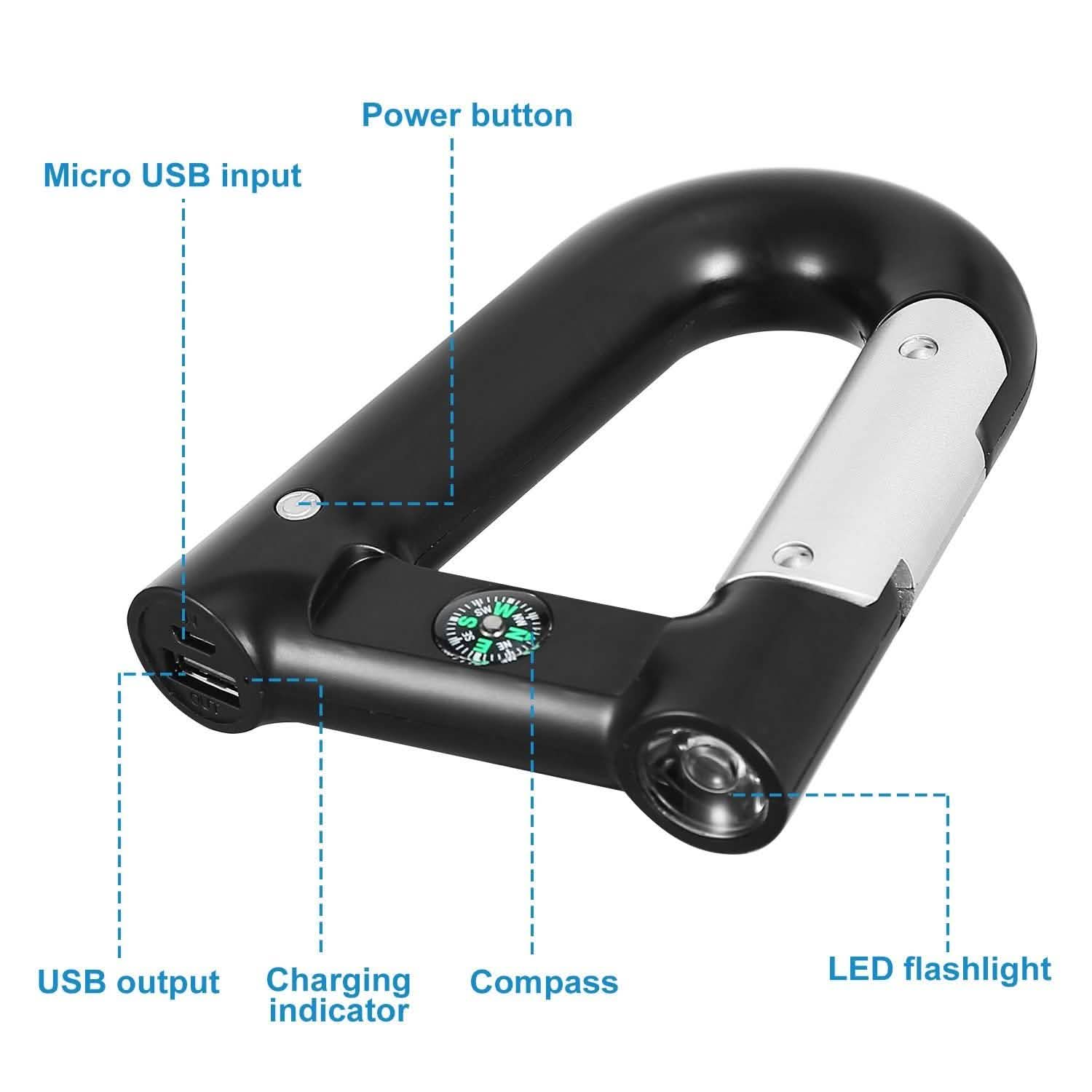 2200 mAh Powerbank with Emergency Flashlight Compass Carabiner-Shaped Outdoor Recreation - Tophatter Daily Deals