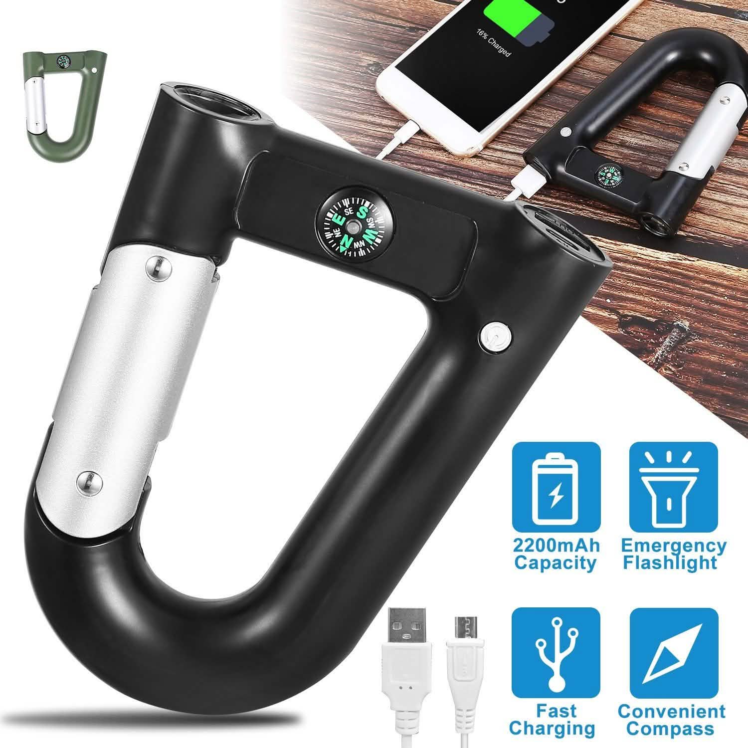 2200 mAh Powerbank with Emergency Flashlight Compass Carabiner-Shaped Outdoor Recreation - Tophatter Daily Deals