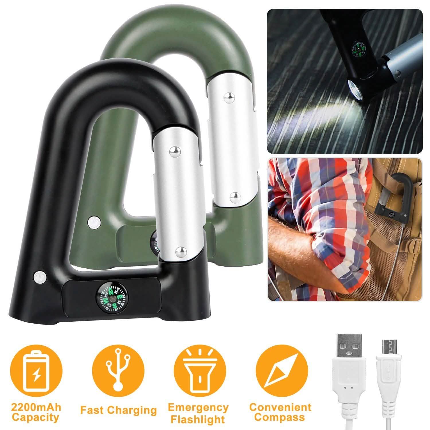 2200 mAh Powerbank with Emergency Flashlight Compass Carabiner-Shaped Outdoor Recreation - Tophatter Daily Deals