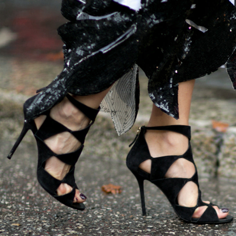 All-match women's shoes spring and summer new fish mouth hollow high heels Rome single shoes black sexy stiletto sandals women 0 - Tophatter Daily Deals