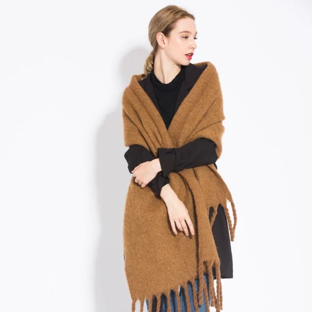Oversized Women Scarf - Long Fringed Fluffy Wool Winter CHESTNUT BROWN - Tophatter Daily Deals