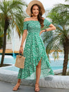 Floral Smocked Off-Shoulder Dress Mid Green S Casual Dresses - Tophatter Daily Deals