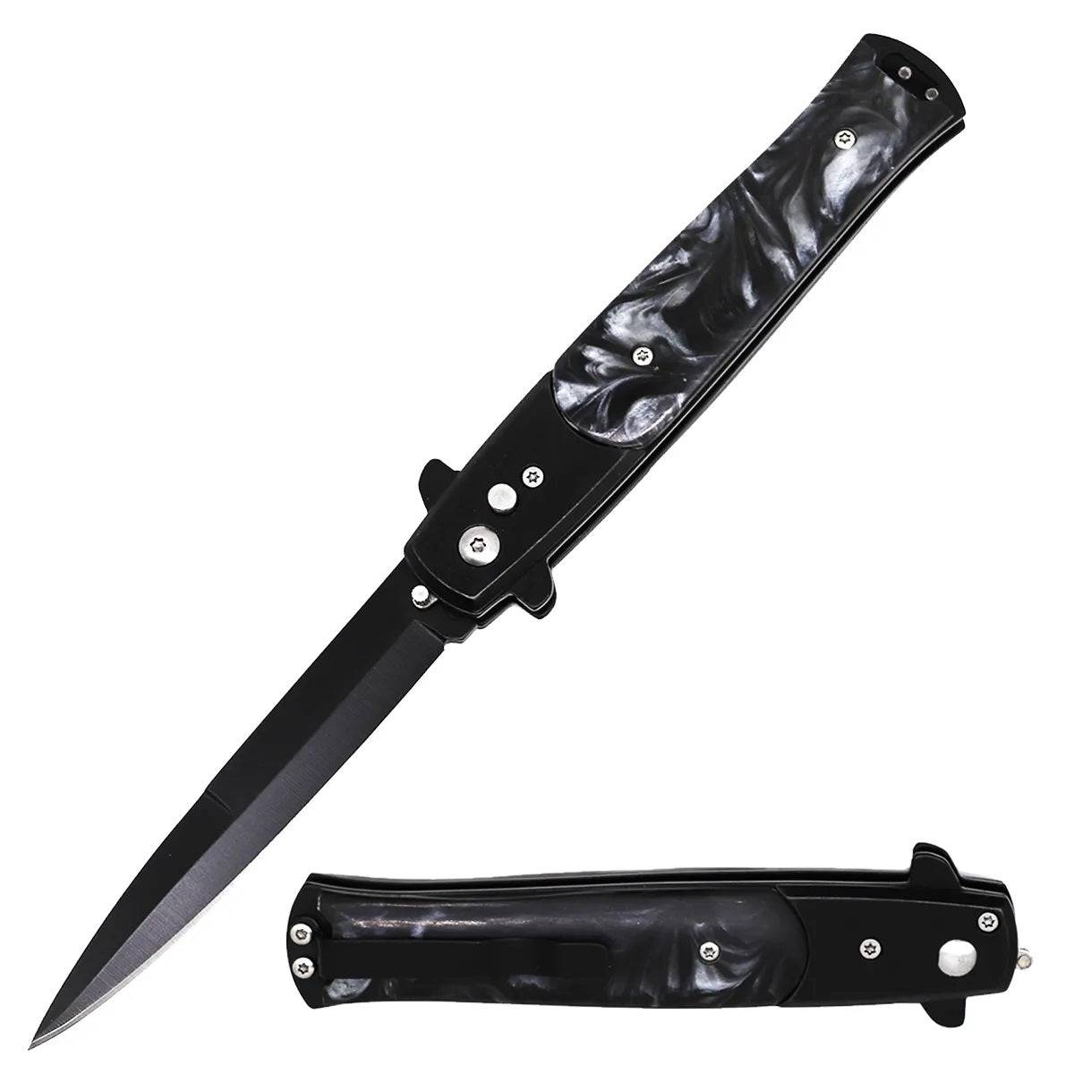 Black Pearl Handle Cavalier Push Button Italian Style Switch Blade Knife - TOPHATTER'S ARMORY DEALS Collectible Weapons - Tophatter Daily Deals
