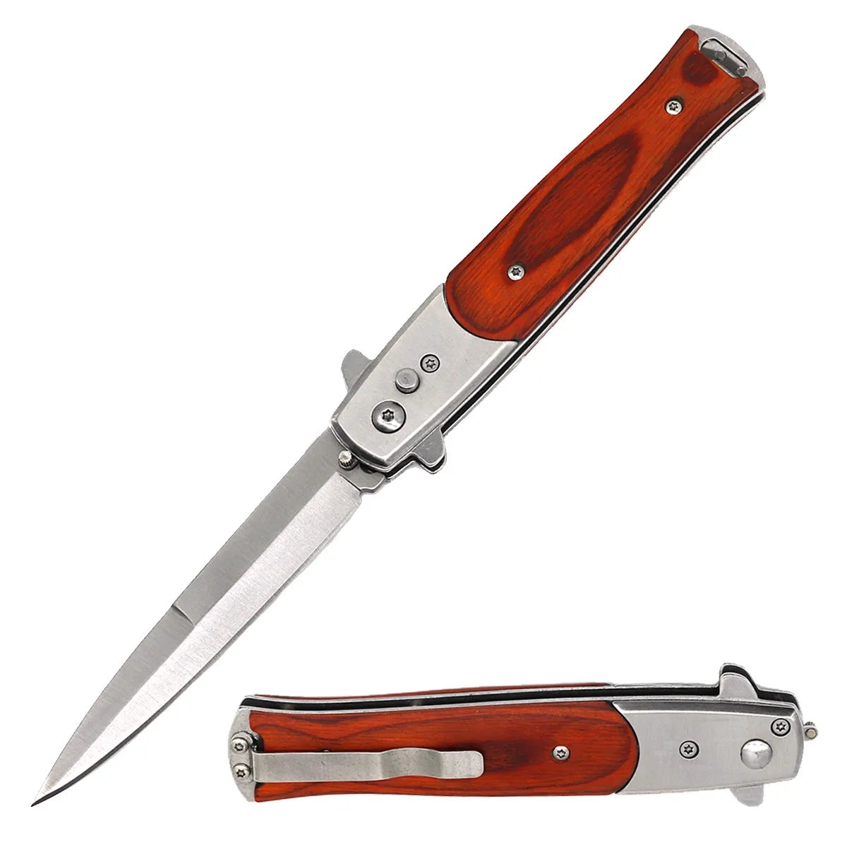 Wood Handle Cavalier Push Button Italian Style Switch Blade Knife - Tophatter's Guns'N'Weapons Store Collectible Weapons - Tophatter Daily Deals