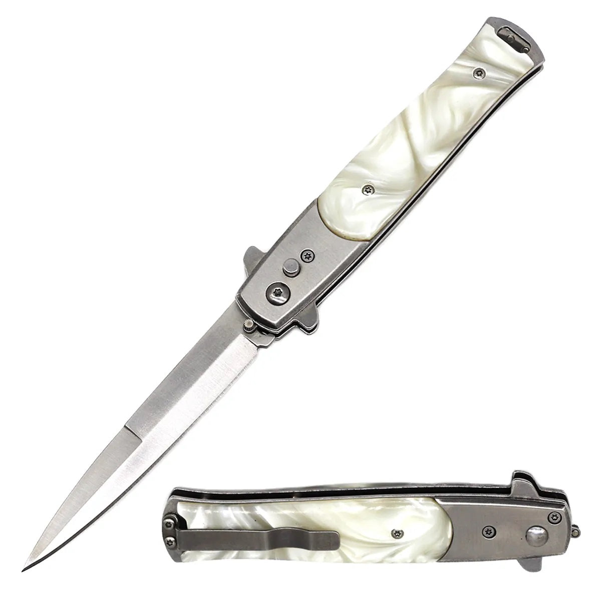 White Pearl Handle Cavalier Push Button Italian Style Switch Blade Knife - TOPHATTER'S ARMORY DEALS Collectible Weapons - Tophatter Daily Deals
