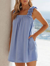 Full Size Frill Pocketed Square Neck Wide Strap Dress Casual Dresses - Tophatter Daily Deals
