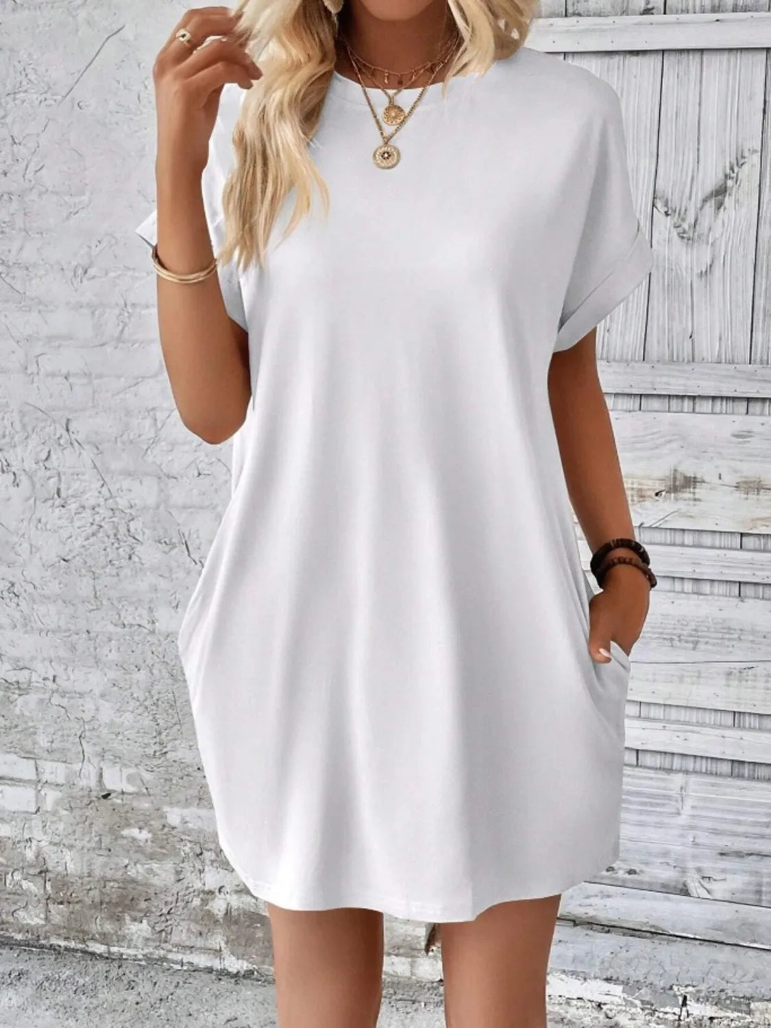 Pocketed Round Neck Short Sleeve Dress White Casual Dresses - Tophatter Daily Deals