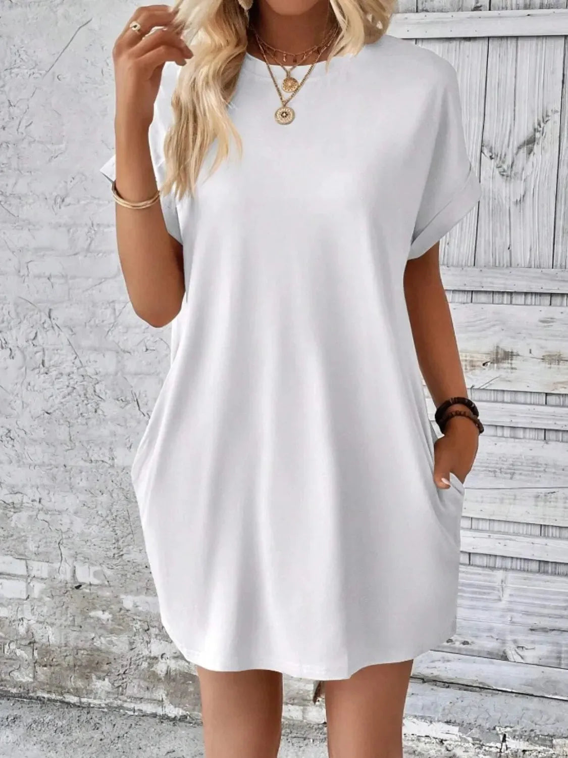 Pocketed Round Neck Short Sleeve Dress White Casual Dresses - Tophatter Daily Deals