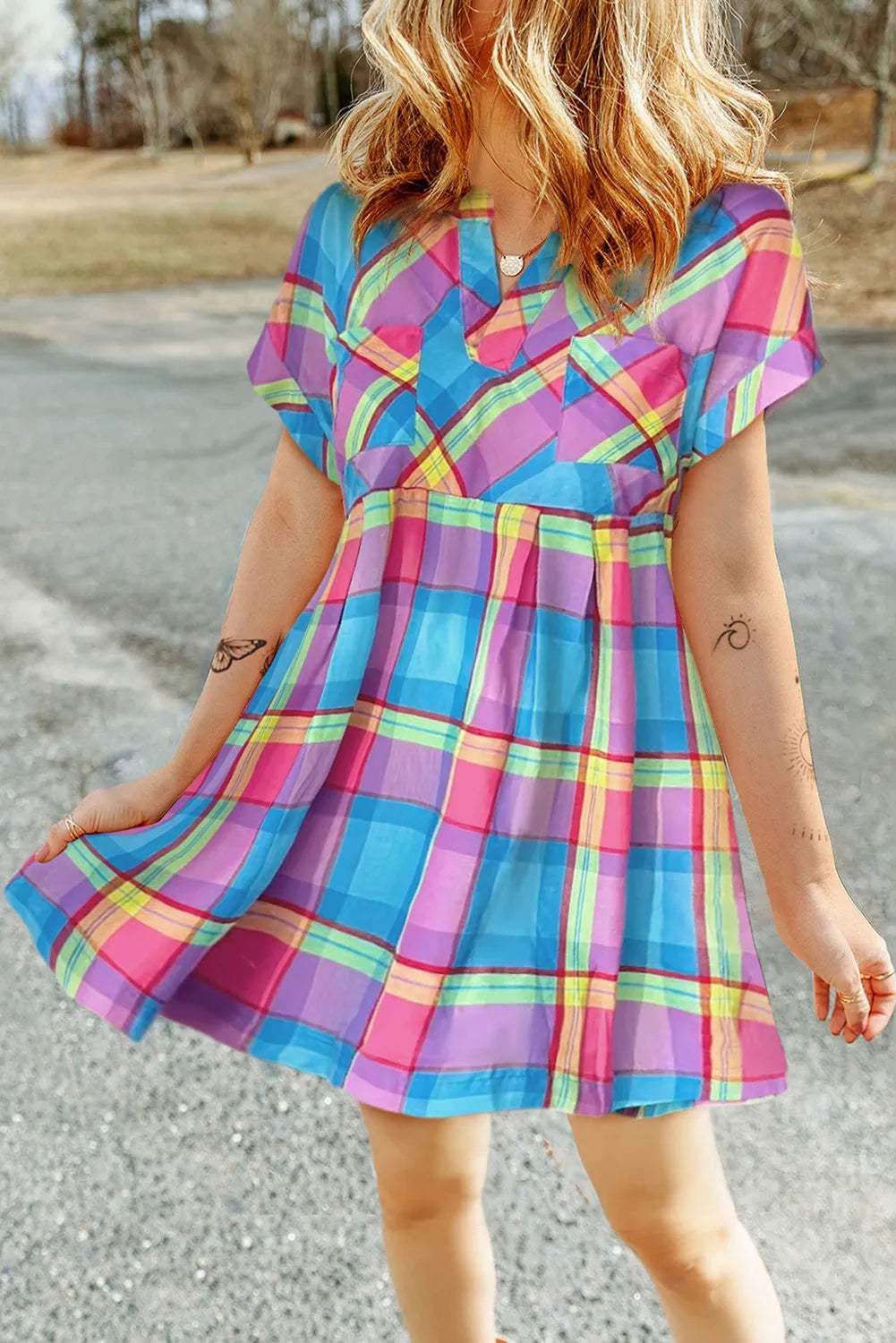 Plaid Notched Short Sleeve Mini Dress Plaid Casual Dresses - Tophatter Daily Deals