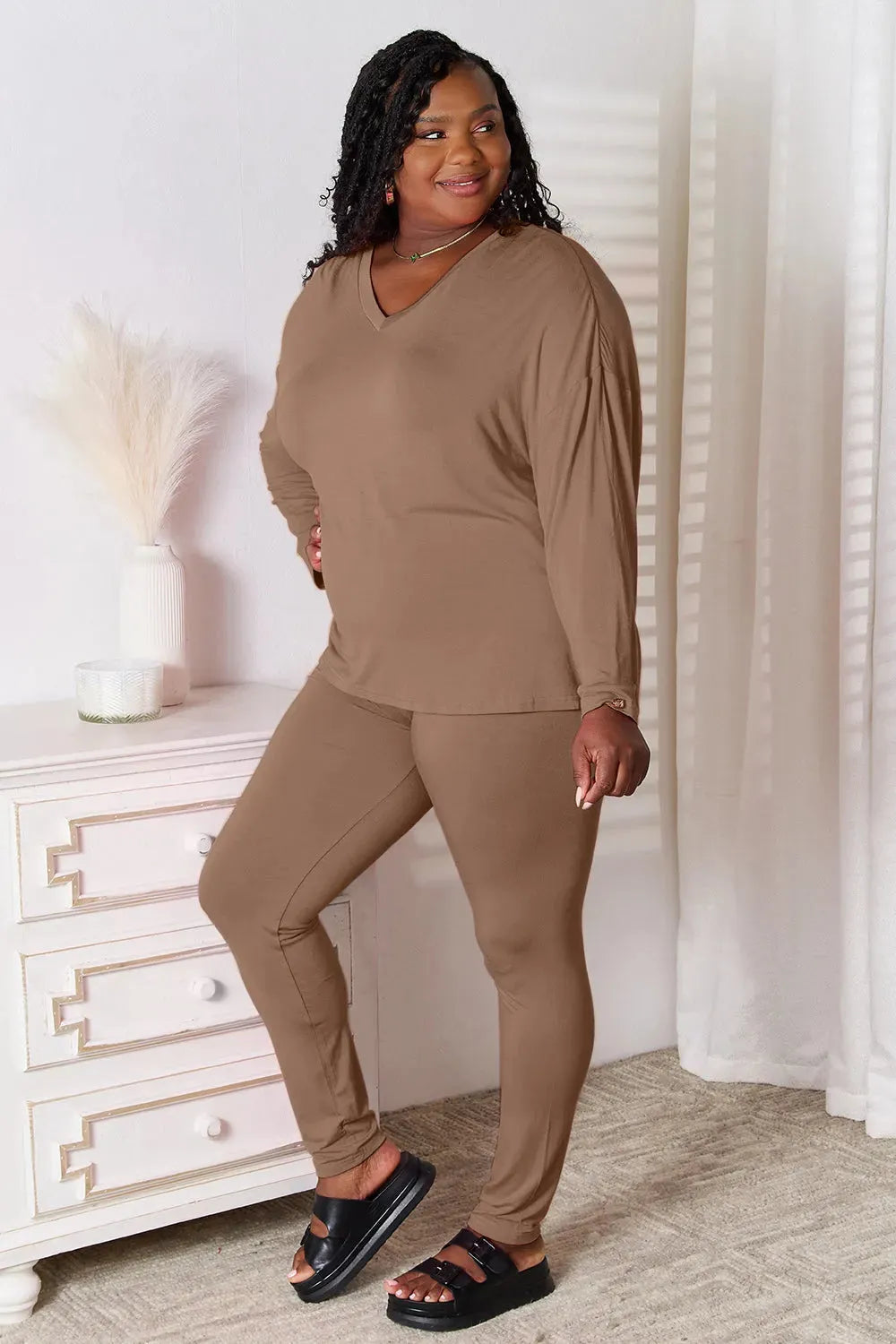 Basic Bae Full Size V-Neck Soft Rayon Long Sleeve Top and Pants Lounge Set Loungewear Sets - Tophatter Daily Deals