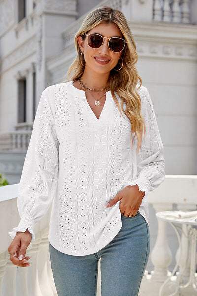 Eyelet Notched Lantern Sleeve T-Shirt White Women's T-Shirts - Tophatter Daily Deals