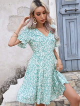 Floral V-Neck Short Sleeve Tiered Dress Casual Dresses - Tophatter Daily Deals