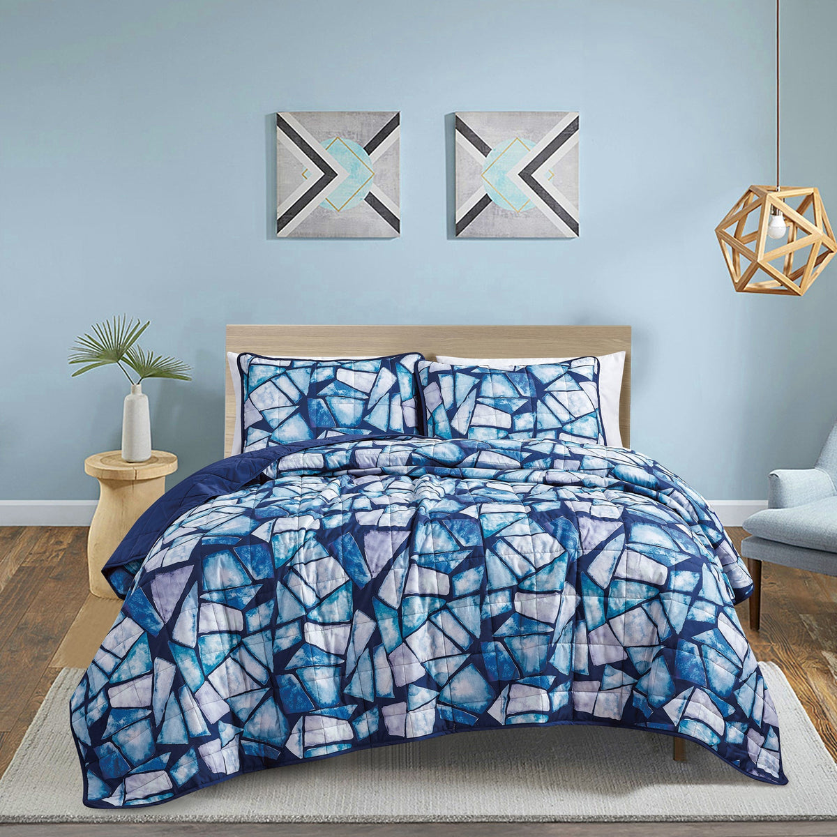 Reversible 3-Piece Stained Glass Mosaic Bedspread Set - Quilted Coverlet with Pillow Shams Bedding - Tophatter Daily Deals