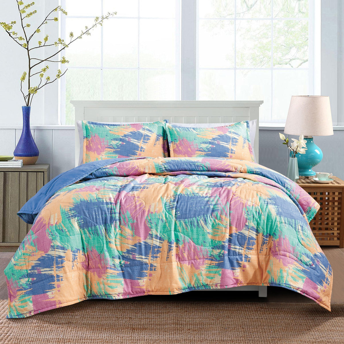 Reversible 3-Piece Abstract Brushstroke Bedspread Set - Quilted Coverlet with Pillow Shams Bedding - Tophatter Daily Deals