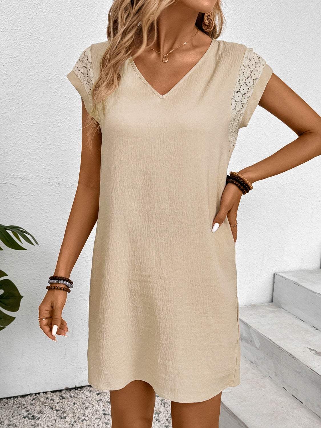 Lace Detail V-Neck Cap Sleeve Mini Dress Casual Dresses - Tophatter Daily Deals