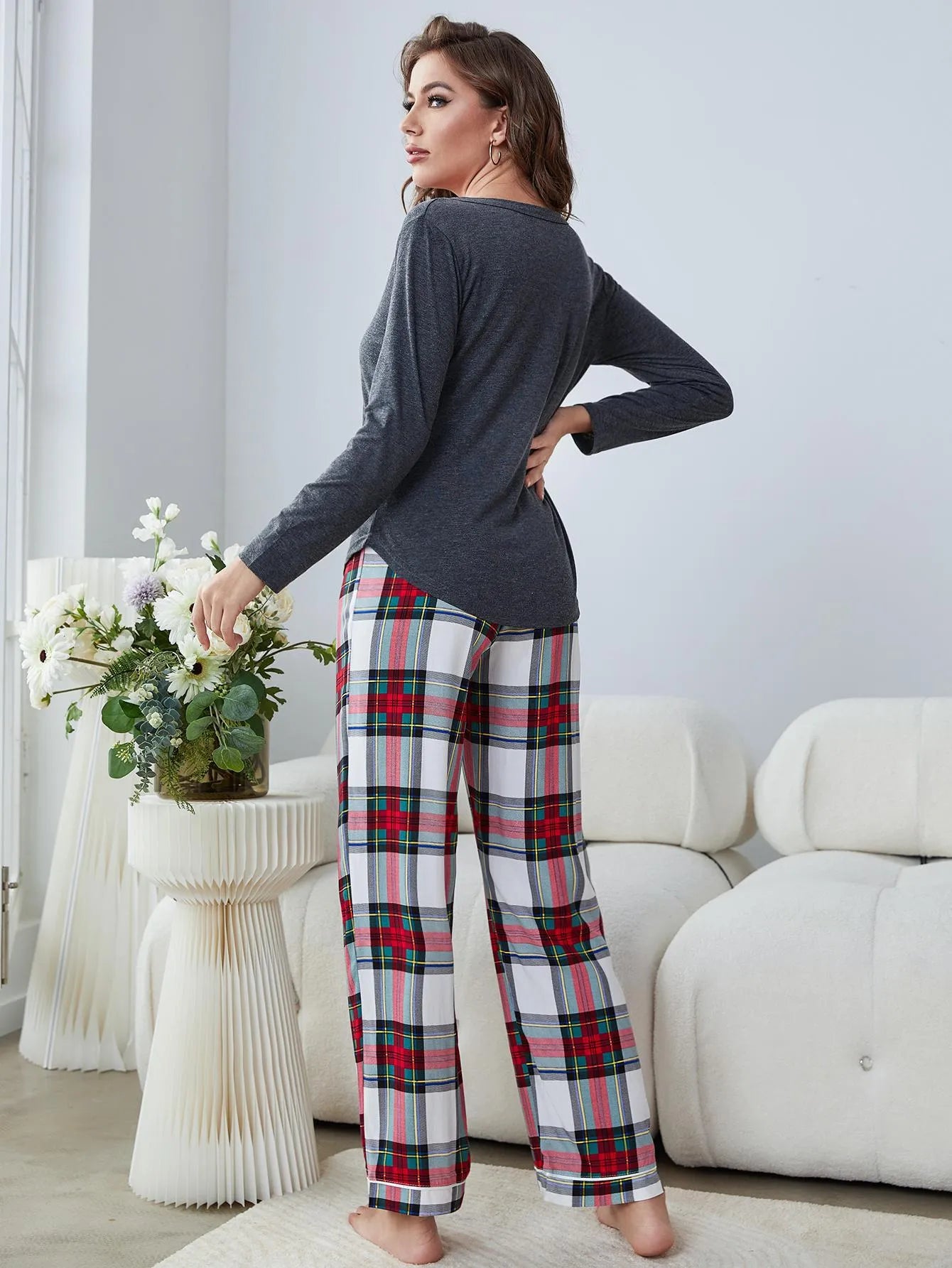 Buttoned Long Sleeve Top and Plaid Pants Lounge Set Loungewear Sets - Tophatter Daily Deals