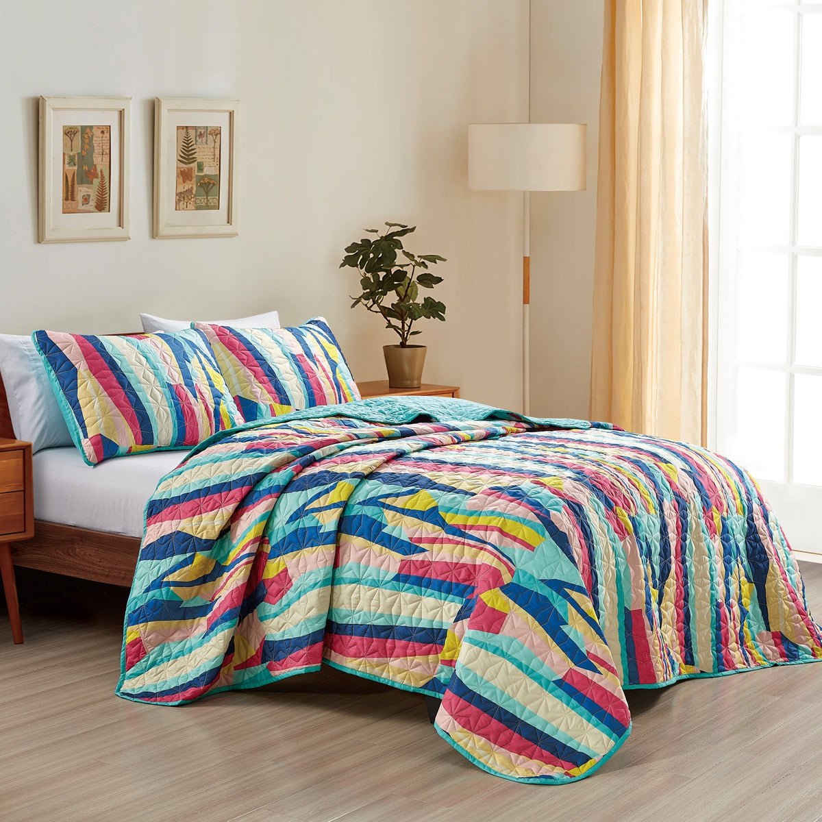 Reversible 3-Piece Vibrant Geometric Stripe Bedspread Set - Quilted Coverlet with Pillow Shams Bedding - Tophatter Daily Deals