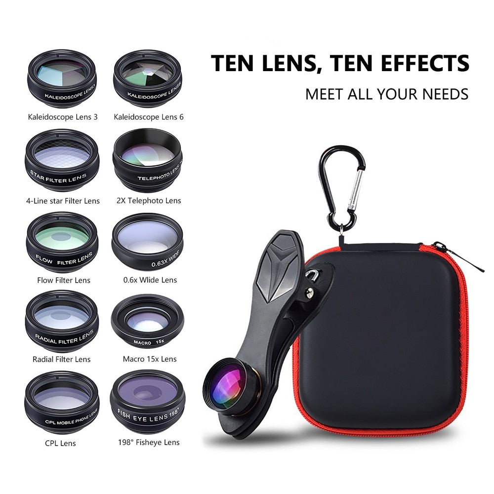 APEXEL Phone lens kit universal 10 in 1 Fisheye Wide Angle macro Lens CPL Filter Kaleidoscope+2X telescope Lens for smartphone 10 in 1 Lens kit 0 - Tophatter Daily Deals