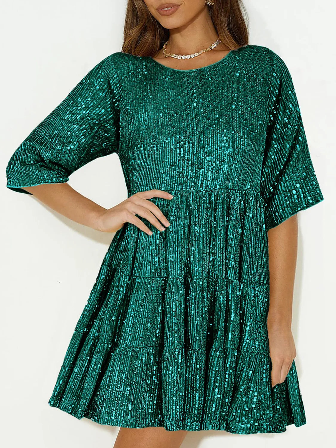 Full Size Sequin Round Neck Half Sleeve Mini Dress Casual Dresses - Tophatter Daily Deals