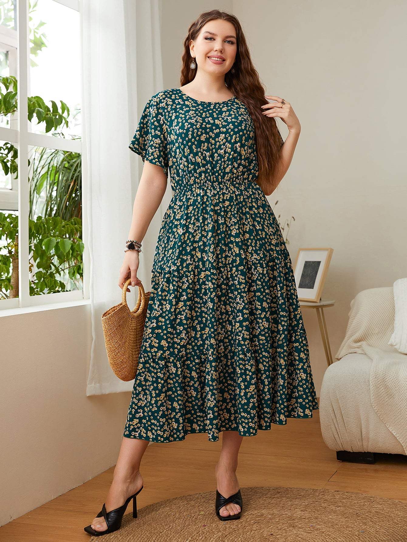 Plus Size Floral Round Neck Short Sleeve Midi Dress Casual Dresses - Tophatter Daily Deals