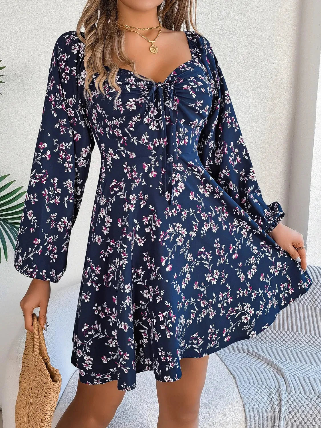 Printed Sweetheart Neck Balloon Sleeve Mini Dress Casual Dresses - Tophatter Daily Deals