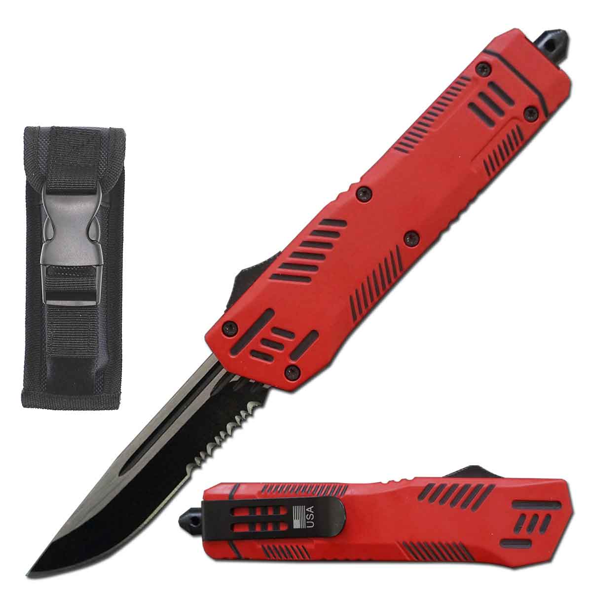 9" Automatic Dual Action Red Pitbull OTF Serrated Blade Knife - TOPHATTER'S ARMORY DEALS Collectible Weapons - Tophatter Daily Deals