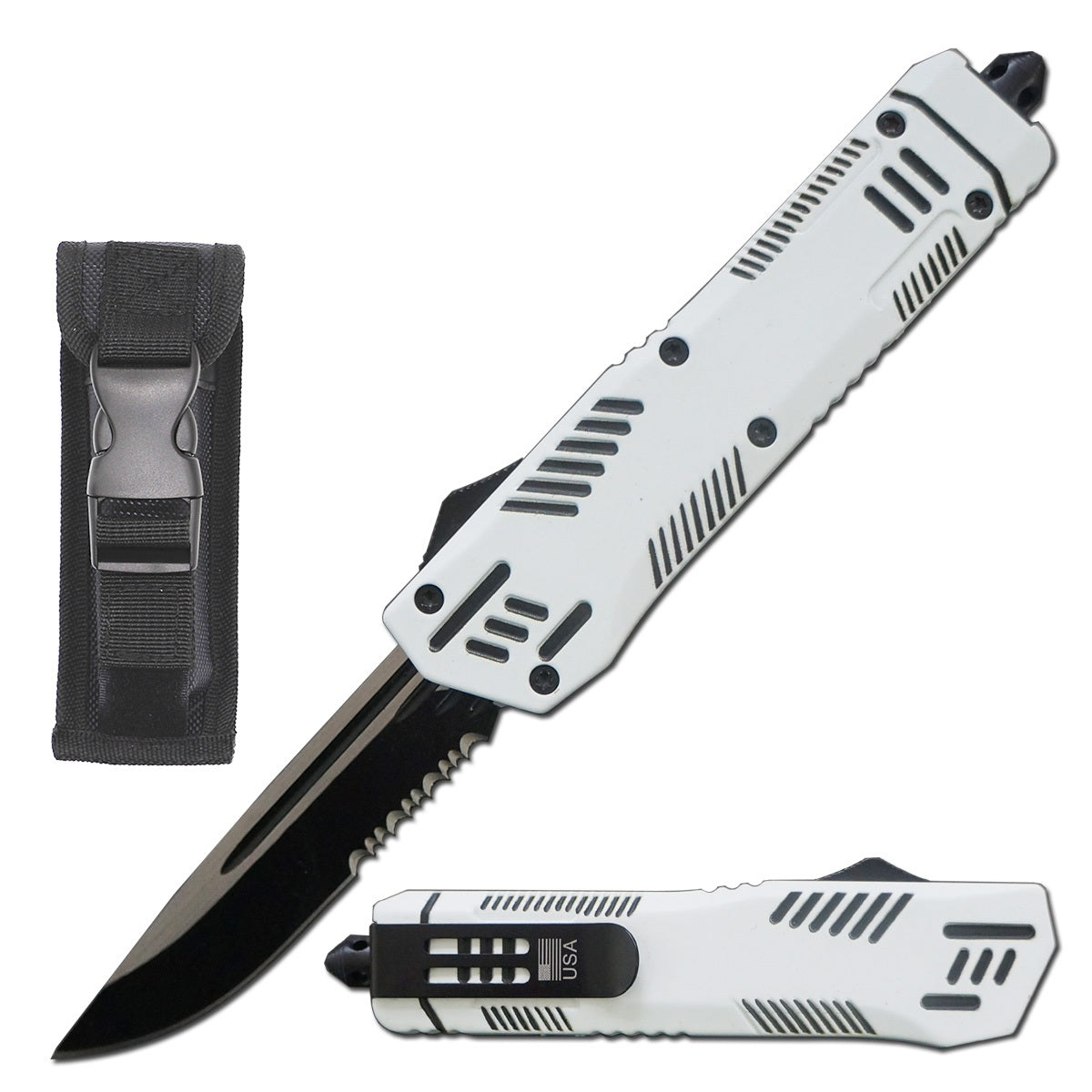 9" Automatic Dual Action White Pitbull OTF Serrated Blade Knife - TOPHATTER'S ARMORY DEALS Collectible Weapons - Tophatter Daily Deals