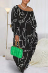 Printed Single Shoulder Lantern Sleeve Maxi Dress Black Casual Dresses - Tophatter Daily Deals