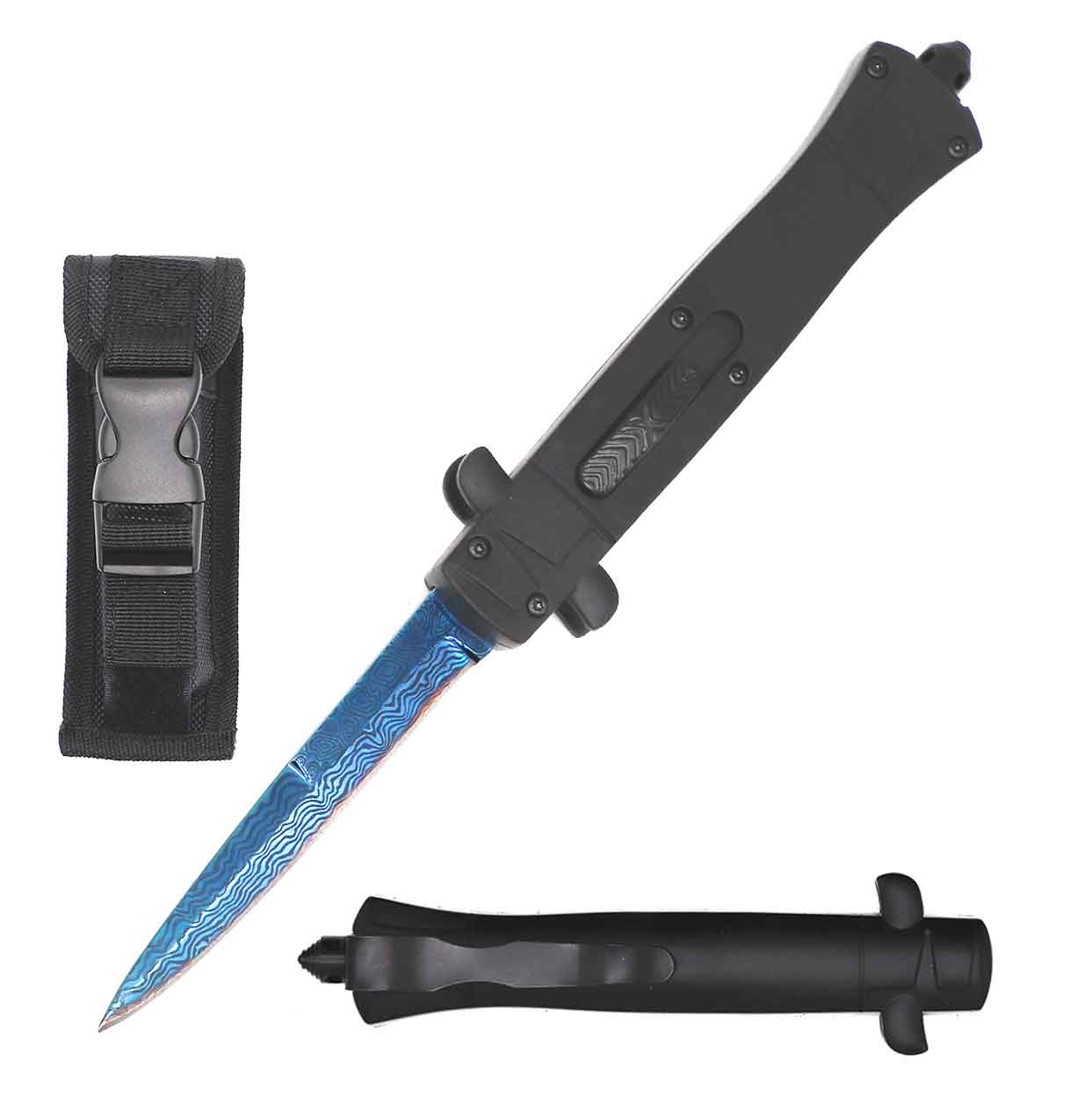 9" Italian Stiletto Style OTF Knife Blue Damascus Etched Blade - TOPHATTER'S ARMORY DEALS Collectible Weapons - Tophatter Daily Deals
